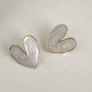 Fashion Jewelry Heart Earrings - Gold and White